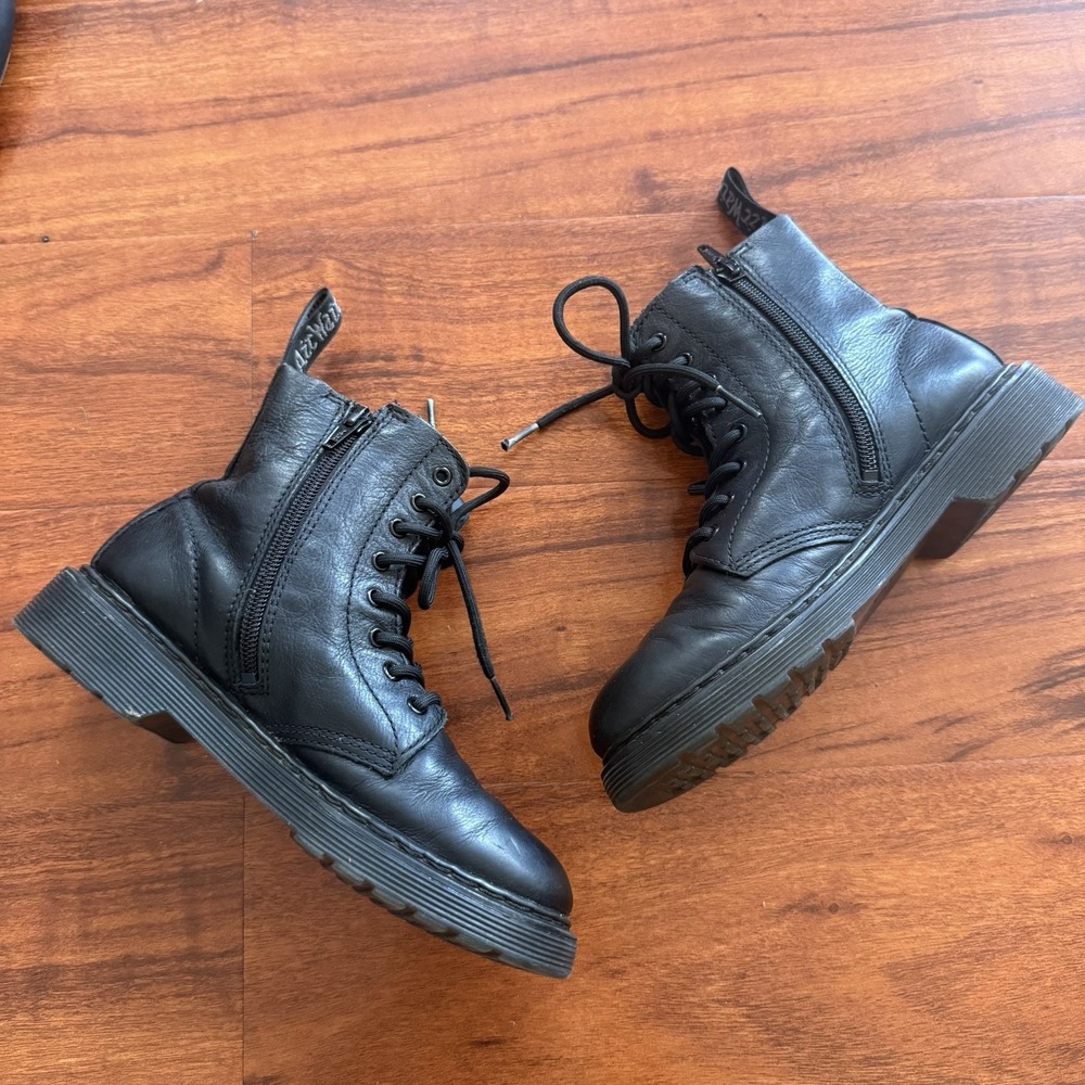 Dr. Martens 1460 Leather Lace Up Boots Kids Size 3 Womens Size 5 Black Side Zip - Picture 2 of 11